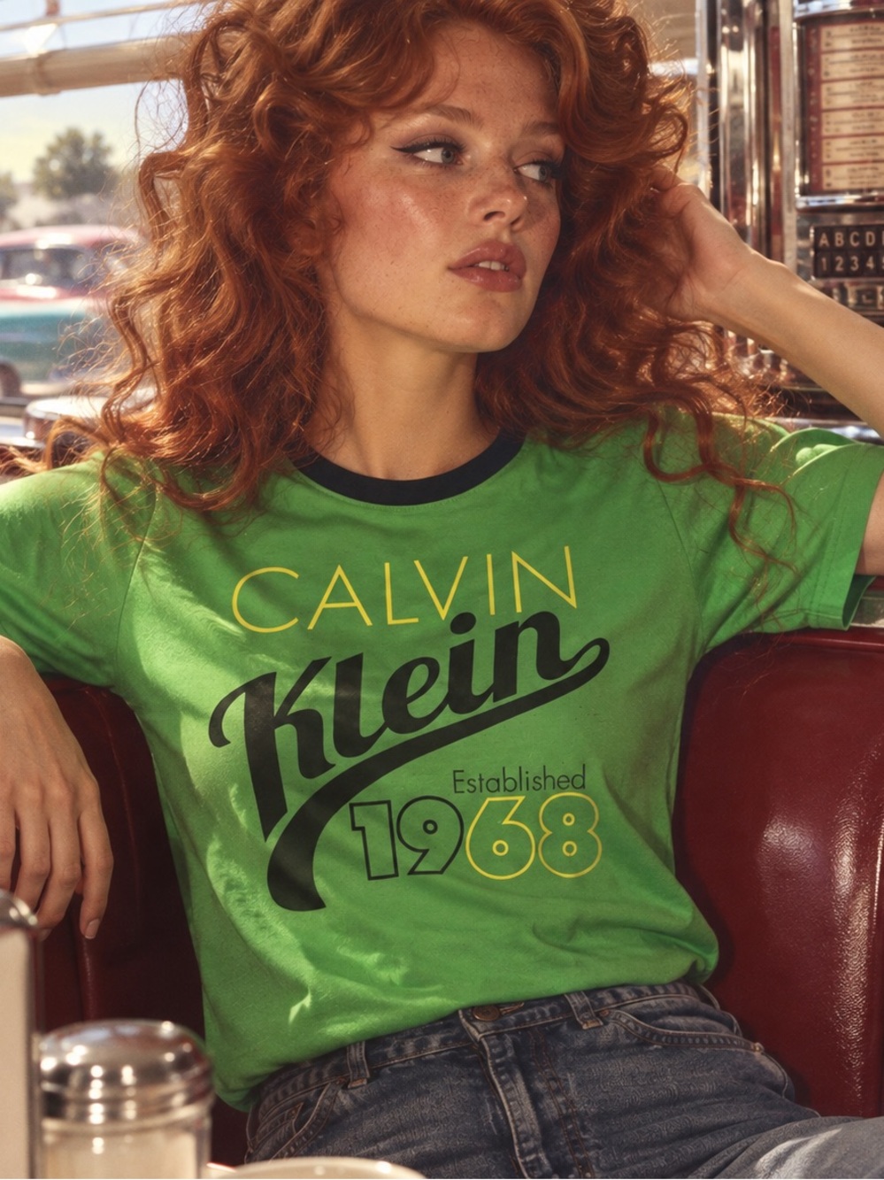 Calvin Klein Green Logo Ringer Tee with Black Trim